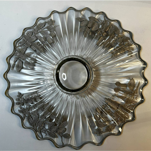 VTG Sterling Silver Overlay Sunburst Round Glass Scalloped Edge 14.5" Platter - Picture 6 of 7